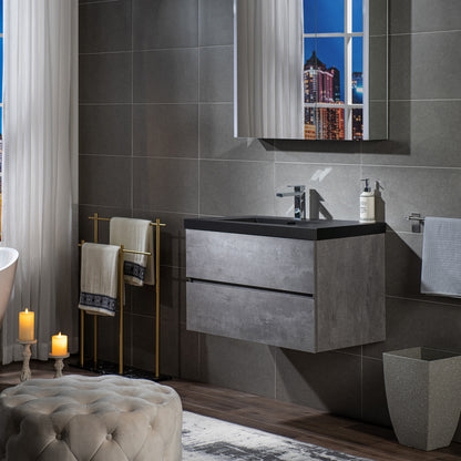WOODBRIDGE | Floating Bathroom Vanity with Black Quartz Composite Top | Gray Finish | Matte Black Countertop Sink