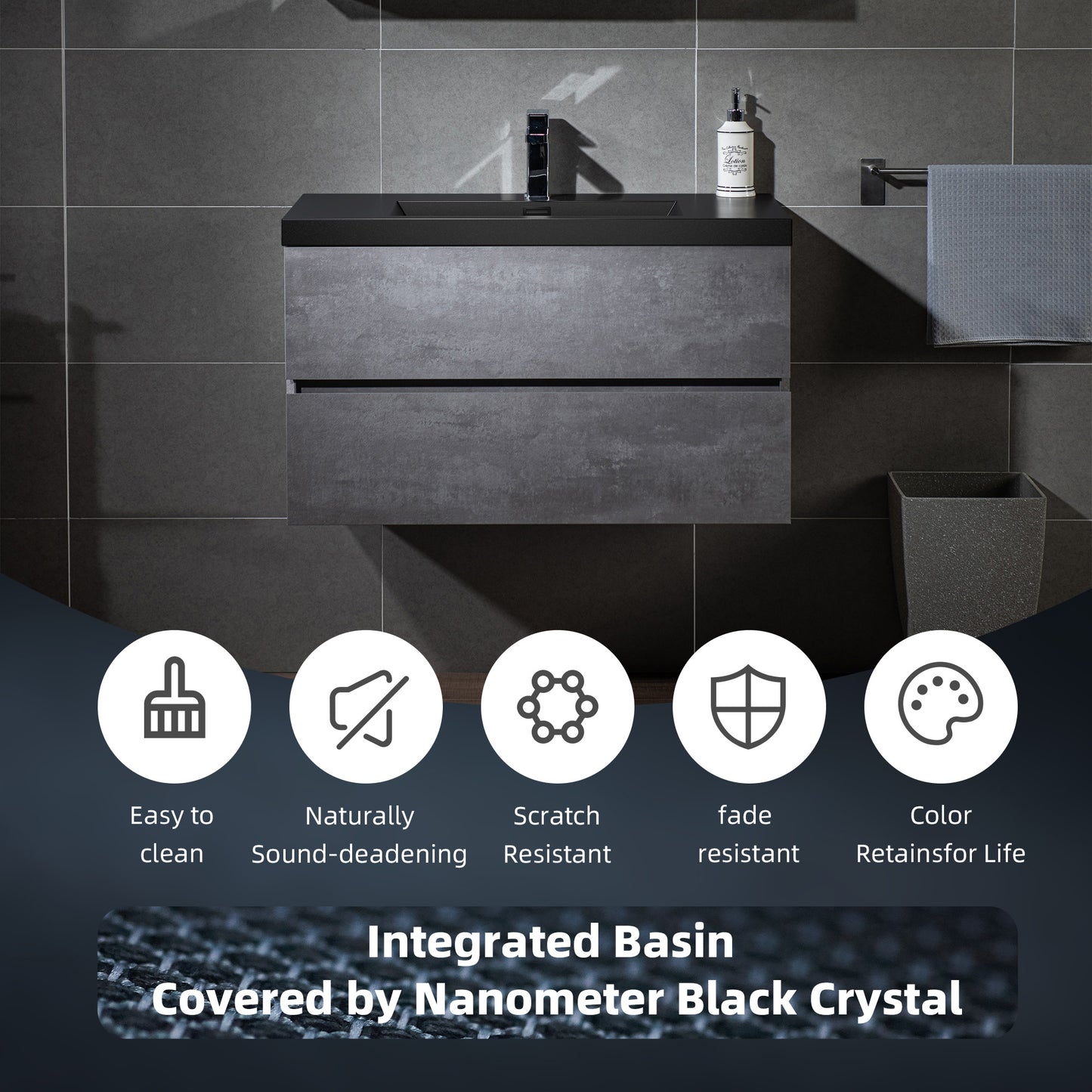 WOODBRIDGE | Floating Bathroom Vanity with Black Quartz Composite Top | Gray Finish | Matte Black Countertop Sink
