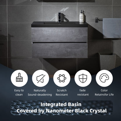 WOODBRIDGE | Floating Bathroom Vanity with Black Quartz Composite Top | Gray Finish | Matte Black Countertop Sink
