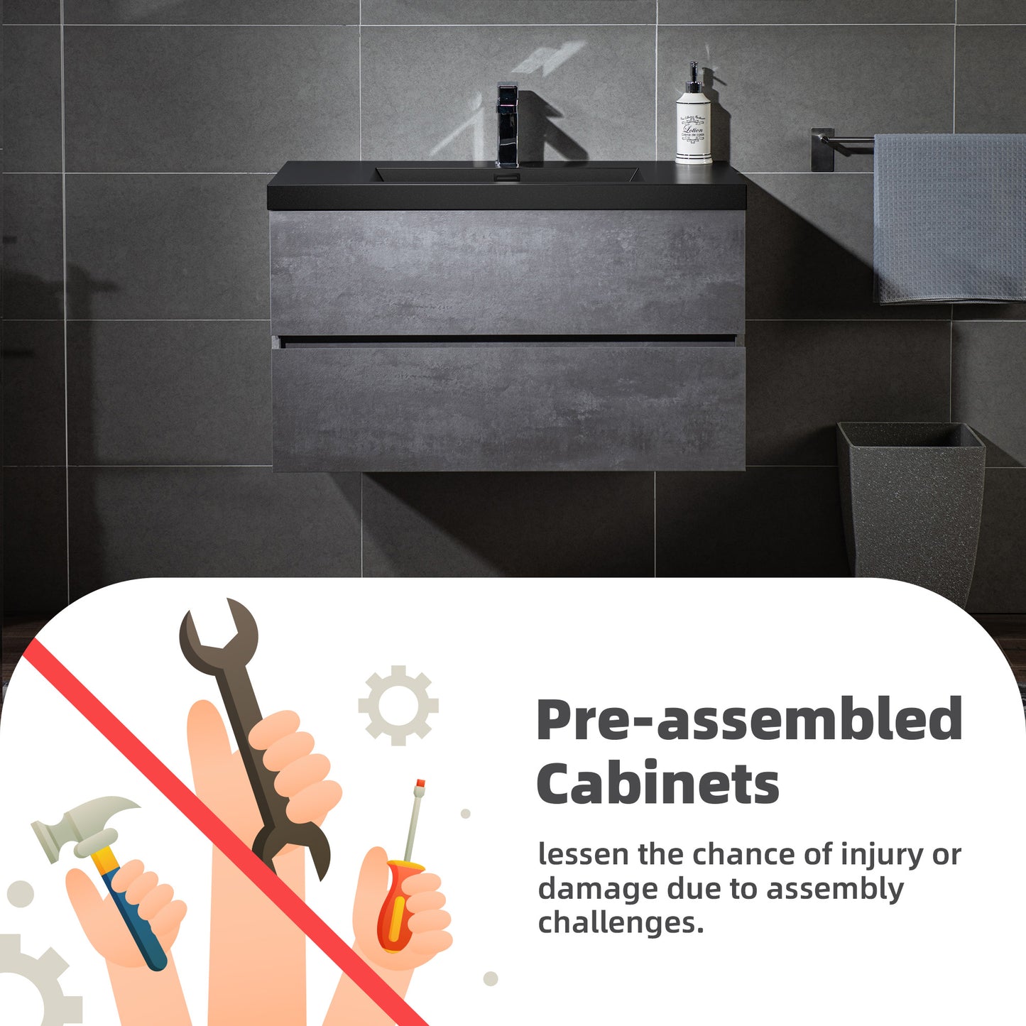 WOODBRIDGE | Floating Bathroom Vanity with Black Quartz Composite Top | Gray Finish | Matte Black Countertop Sink