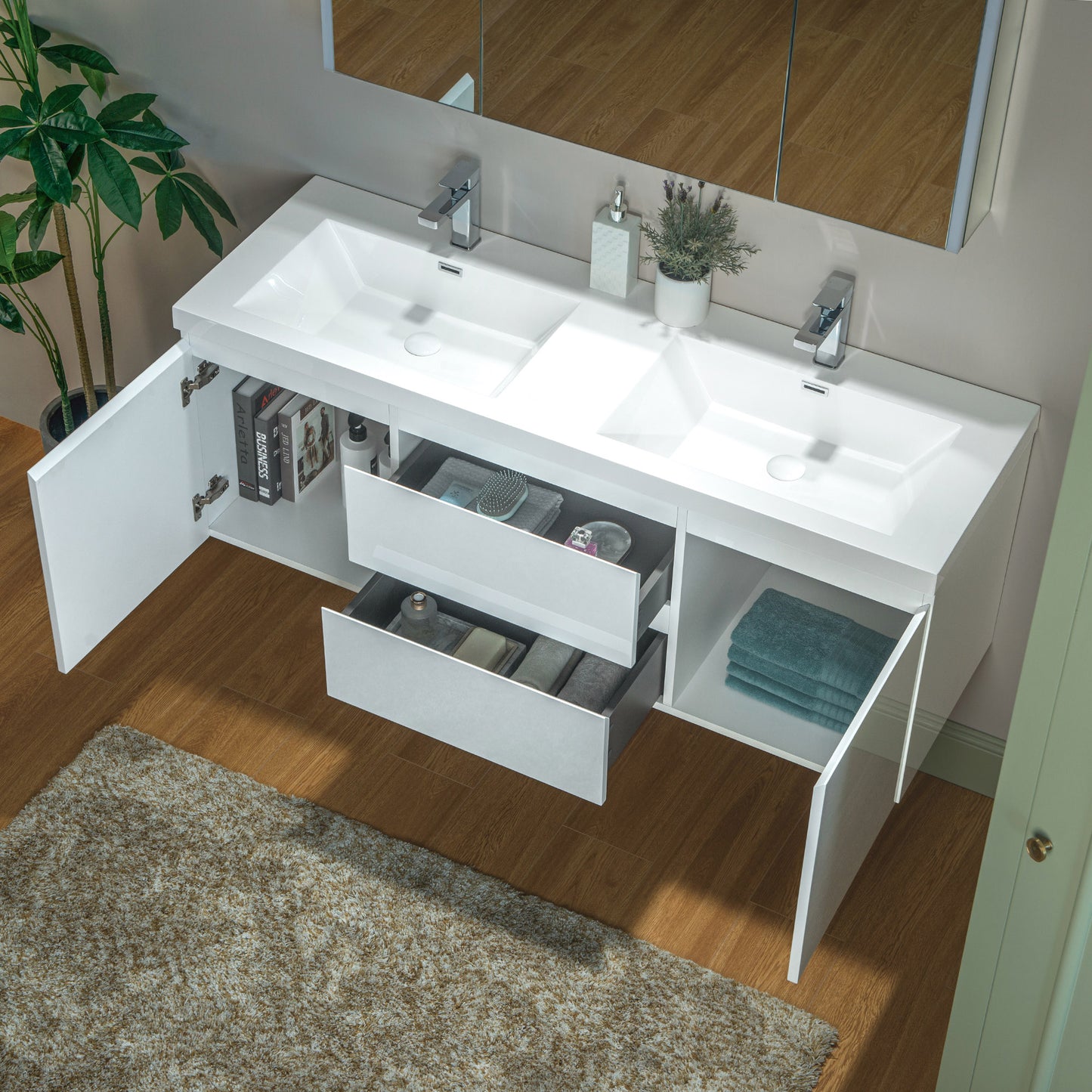 WOODBRIDGE | Wall-Mounted Floating Bathroom Vanity | Glossy White Resin Top | White Cabinet