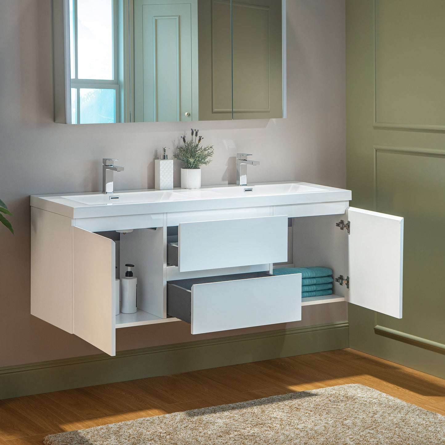 WOODBRIDGE | Wall-Mounted Floating Bathroom Vanity | Glossy White Resin Top | White Cabinet