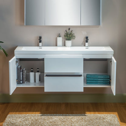 WOODBRIDGE | Wall-Mounted Floating Bathroom Vanity | Glossy White Resin Top | White Cabinet