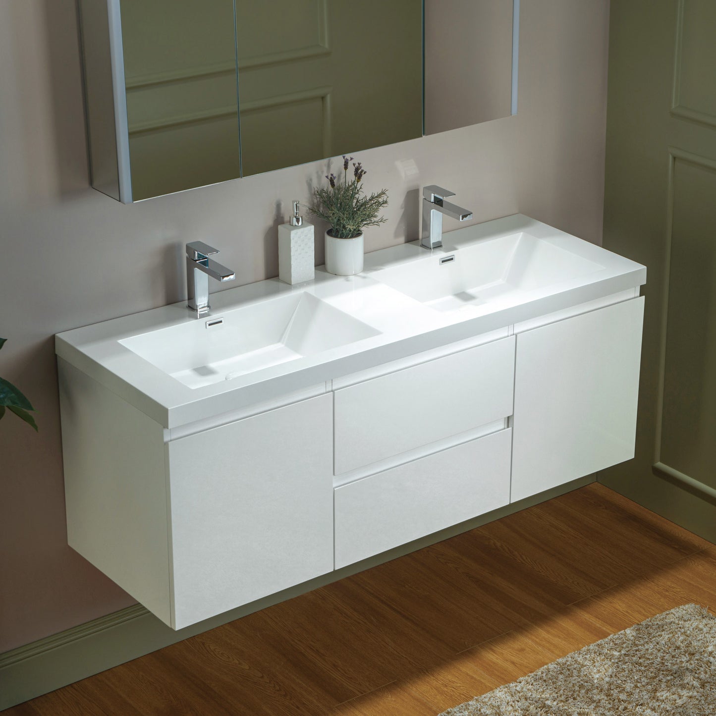 WOODBRIDGE | Wall-Mounted Floating Bathroom Vanity | Glossy White Resin Top | White Cabinet