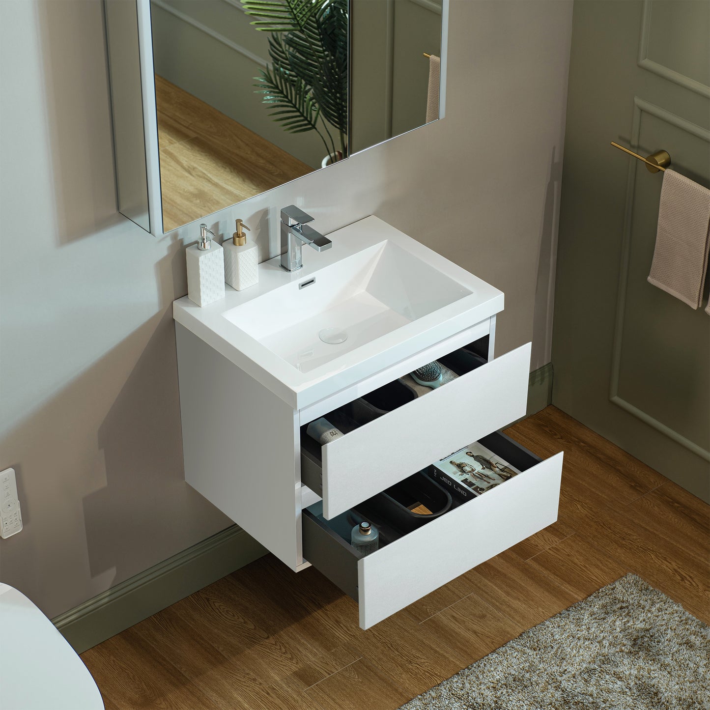 WOODBRIDGE | Wall-Mounted Floating Bathroom Vanity | Glossy White Resin Top | White Cabinet