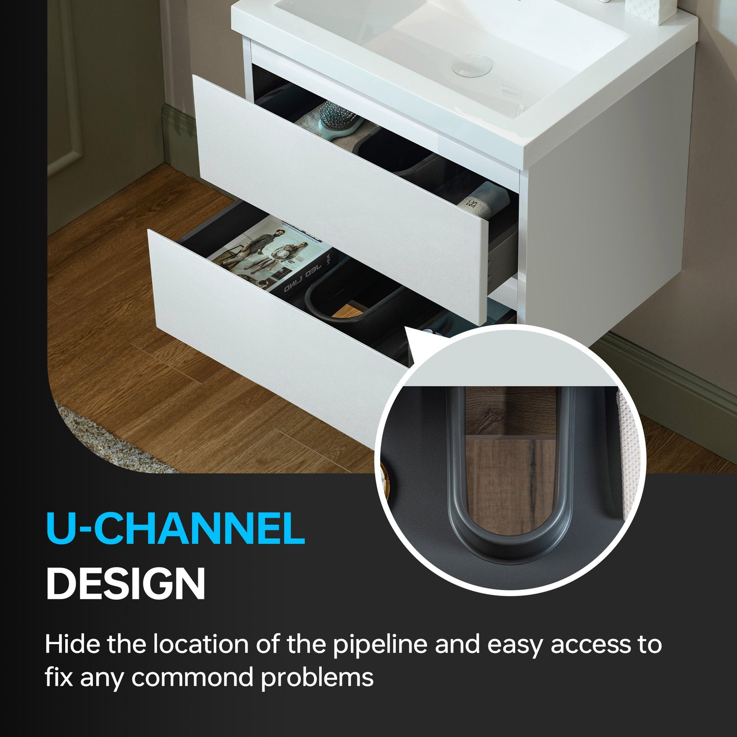 WOODBRIDGE | Wall-Mounted Floating Bathroom Vanity | Glossy White Resin Top | White Cabinet