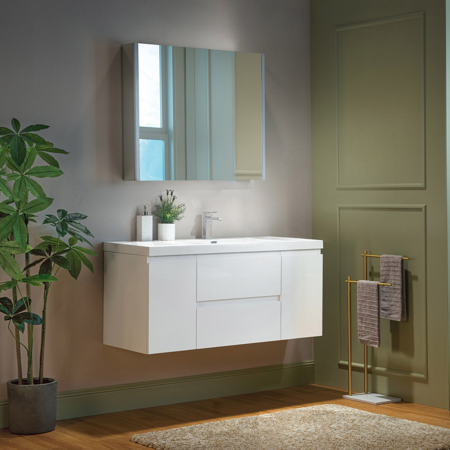 WOODBRIDGE | Wall-Mounted Floating Bathroom Vanity | Glossy White Resin Top | White Cabinet