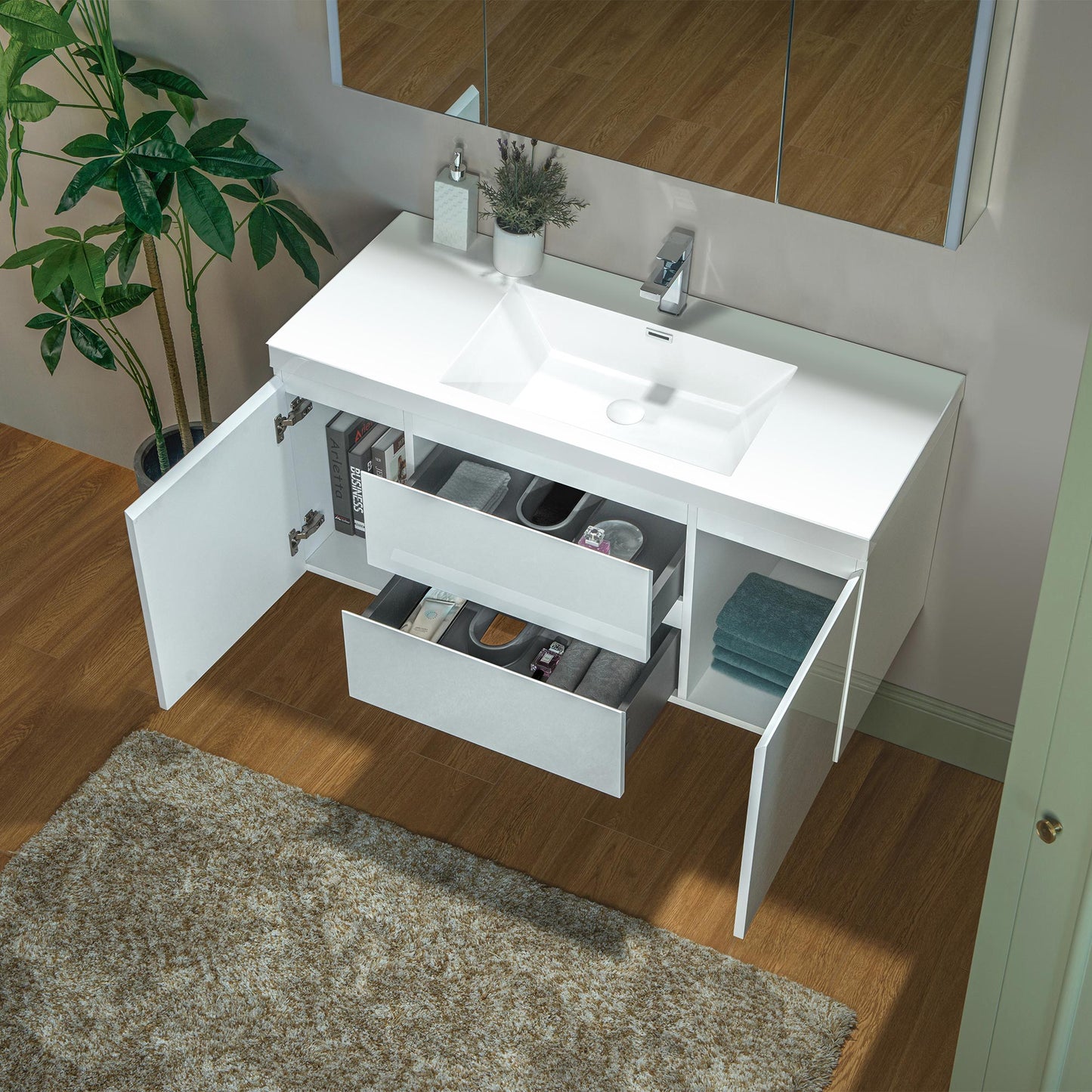 WOODBRIDGE | Wall-Mounted Floating Bathroom Vanity | Glossy White Resin Top | White Cabinet