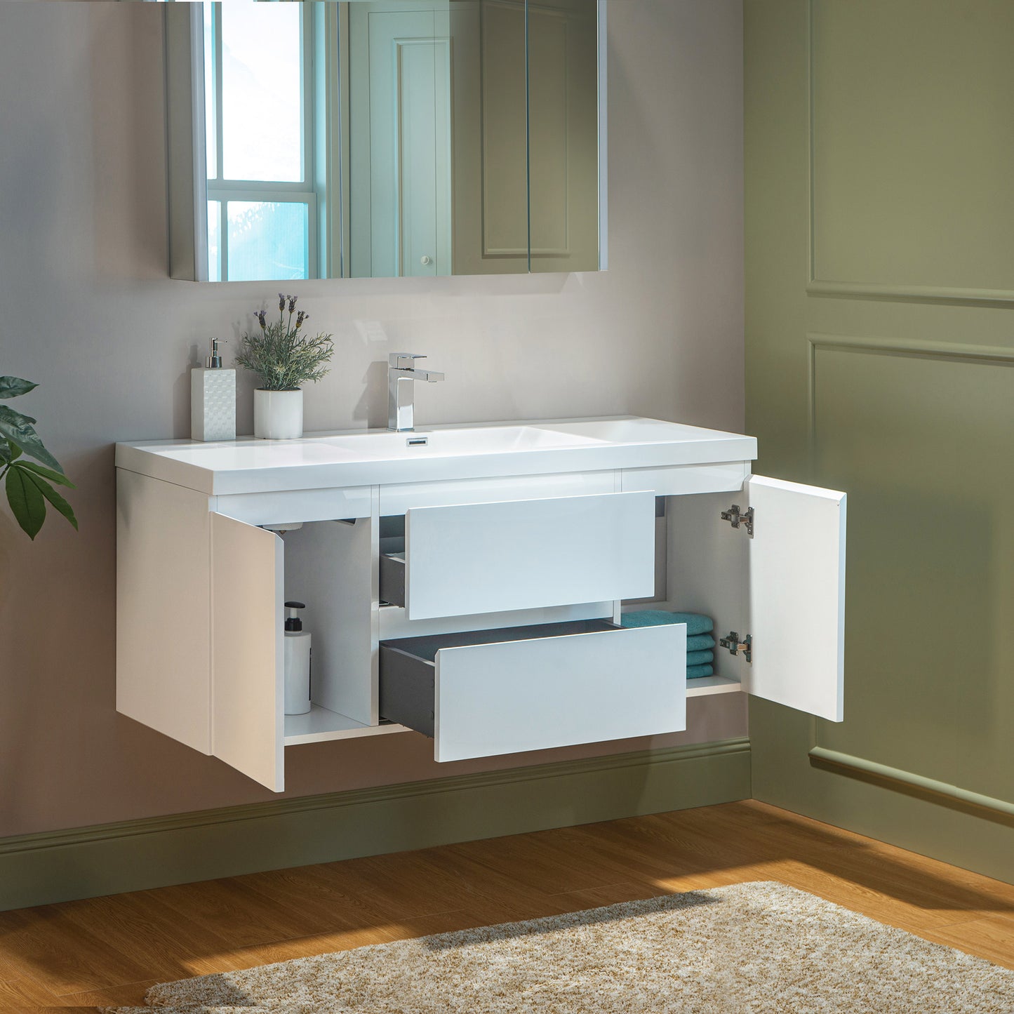 WOODBRIDGE | Wall-Mounted Floating Bathroom Vanity | Glossy White Resin Top | White Cabinet