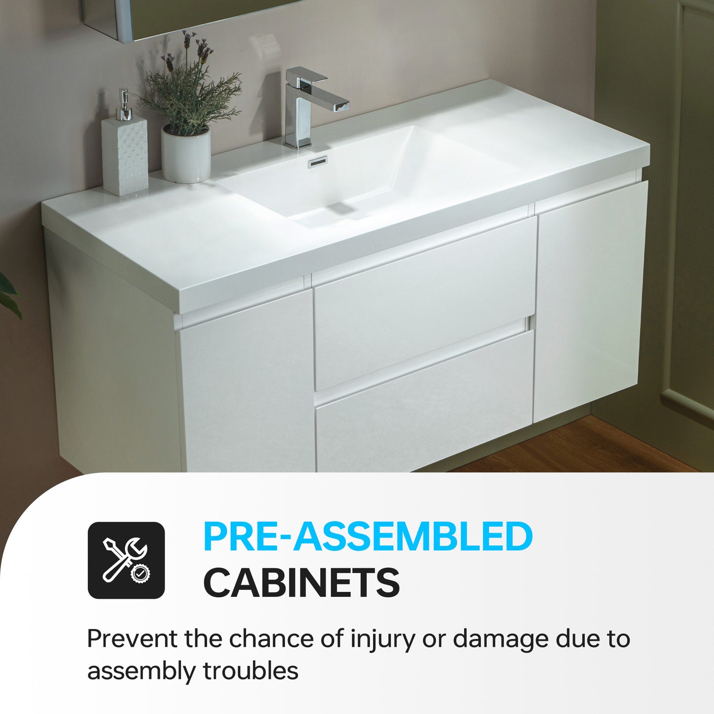 WOODBRIDGE | Wall-Mounted Floating Bathroom Vanity | Glossy White Resin Top | White Cabinet