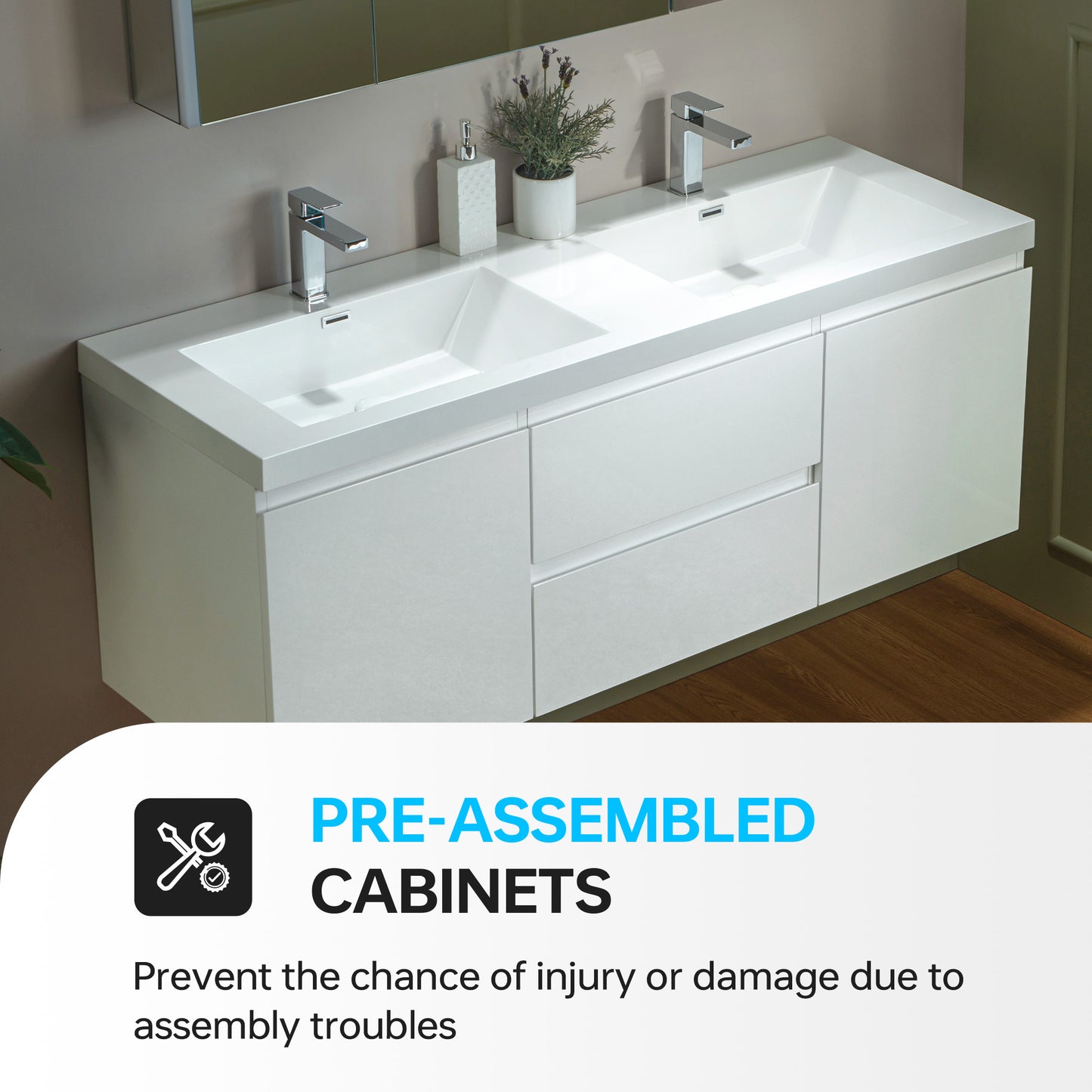 WOODBRIDGE | Wall-Mounted Floating Bathroom Vanity | Glossy White Resin Top | White Cabinet