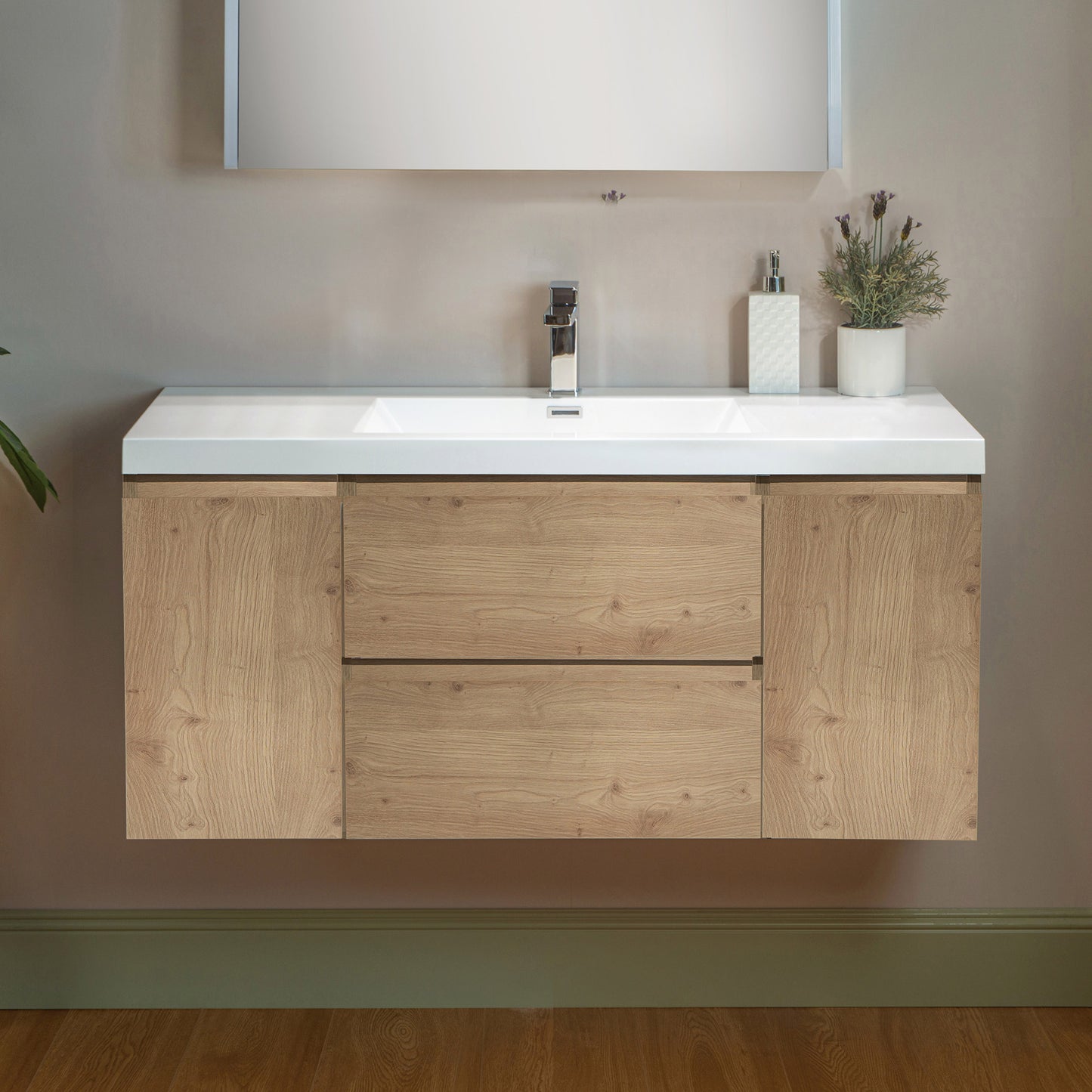 WOODBRIDGE | Wall-Mounted Floating Bathroom Vanity with | Glossy White Resin Top & Natural Oak Cabinet