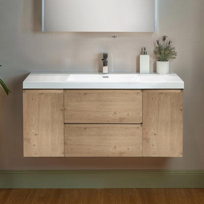 WOODBRIDGE | Wall-Mounted Floating Bathroom Vanity with | Glossy White Resin Top & Natural Oak Cabinet