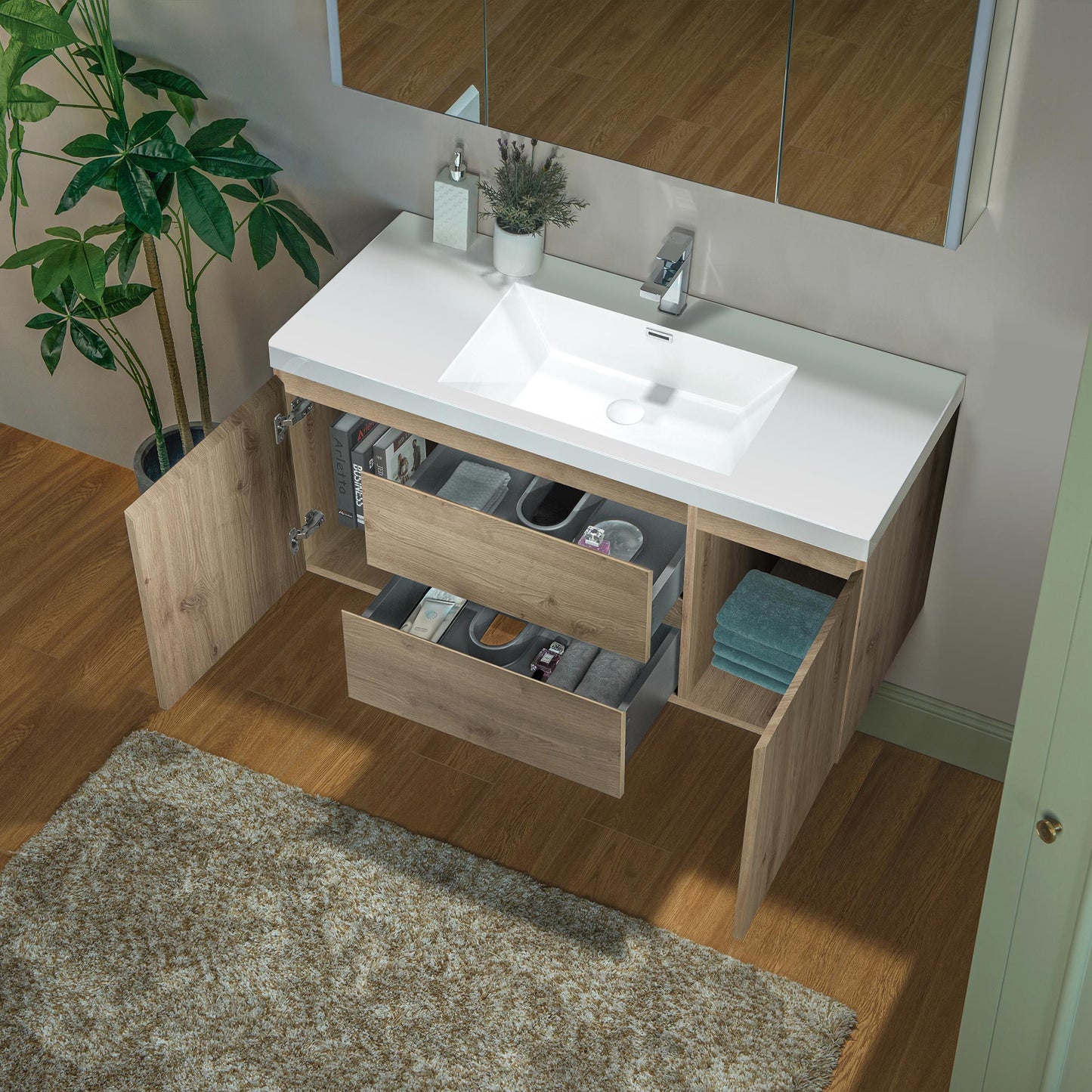 WOODBRIDGE | Wall-Mounted Floating Bathroom Vanity with | Glossy White Resin Top & Natural Oak Cabinet