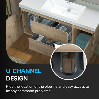 WOODBRIDGE | Wall-Mounted Floating Bathroom Vanity with | Glossy White Resin Top & Natural Oak Cabinet