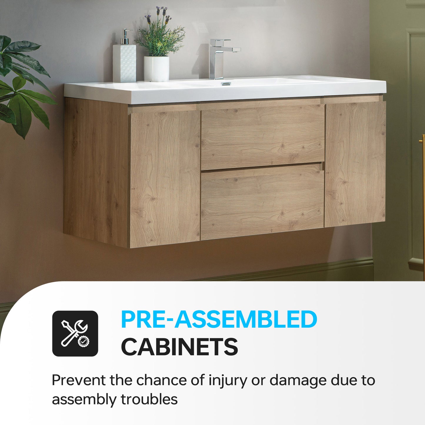 WOODBRIDGE | Wall-Mounted Floating Bathroom Vanity with | Glossy White Resin Top & Natural Oak Cabinet