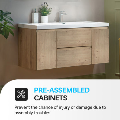 WOODBRIDGE | Wall-Mounted Floating Bathroom Vanity with | Glossy White Resin Top & Natural Oak Cabinet