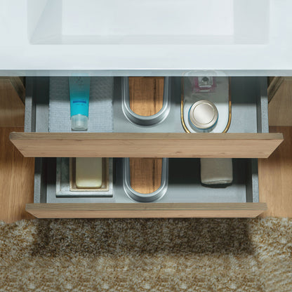 WOODBRIDGE | Wall-Mounted Floating Bathroom Vanity with | Glossy White Resin Top & Natural Oak Cabinet