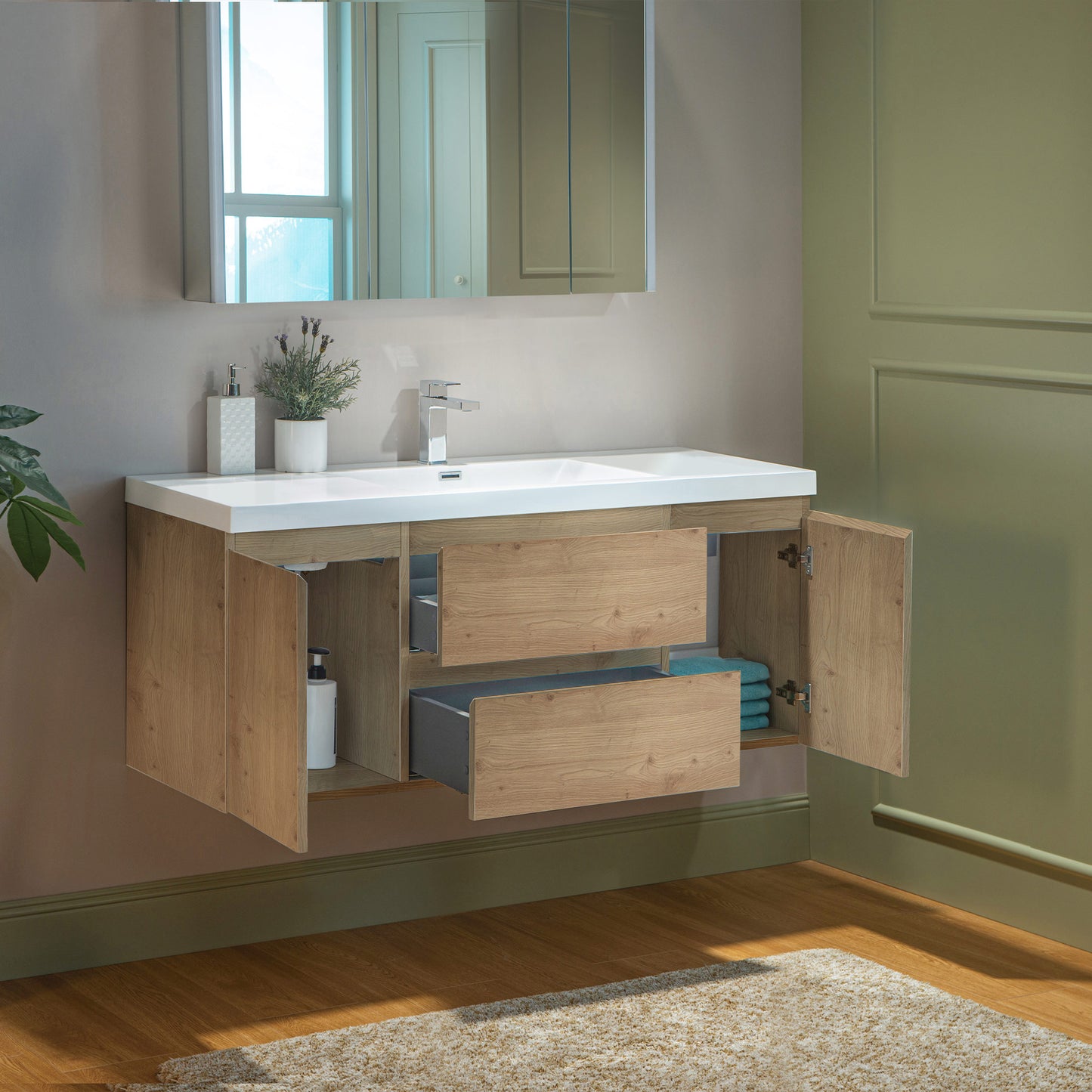 WOODBRIDGE | Wall-Mounted Floating Bathroom Vanity with | Glossy White Resin Top & Natural Oak Cabinet