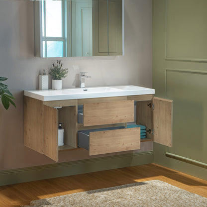 WOODBRIDGE | Wall-Mounted Floating Bathroom Vanity with | Glossy White Resin Top & Natural Oak Cabinet