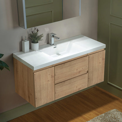 WOODBRIDGE | Wall-Mounted Floating Bathroom Vanity with | Glossy White Resin Top & Natural Oak Cabinet