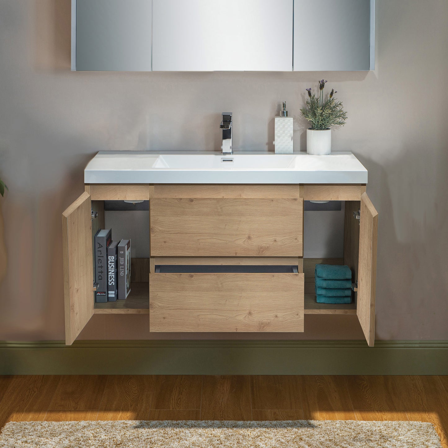 WOODBRIDGE | Wall-Mounted Floating Bathroom Vanity with | Glossy White Resin Top & Natural Oak Cabinet