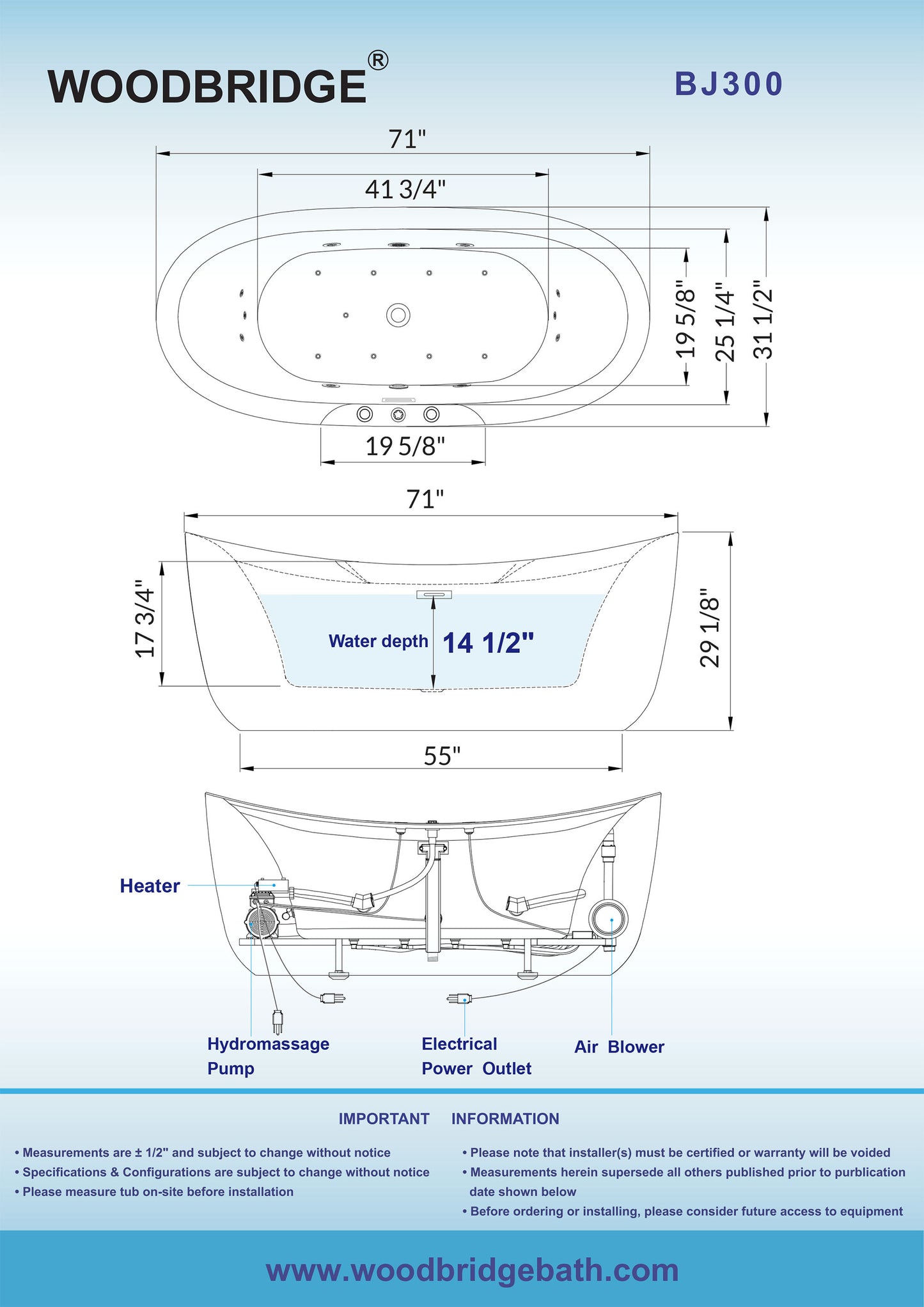 WOODBRIDGE BJ300 71" x 31-1/2" Whirlpool Jetted + Air Bubble Freestanding Heated Soaking Combination Bathtub