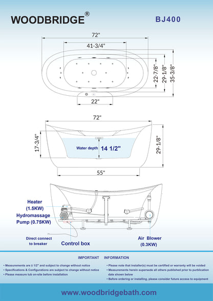 Woodbridge BJ400 72" Freestanding Whirlpool & Air Tub with Integrated Inline Heater