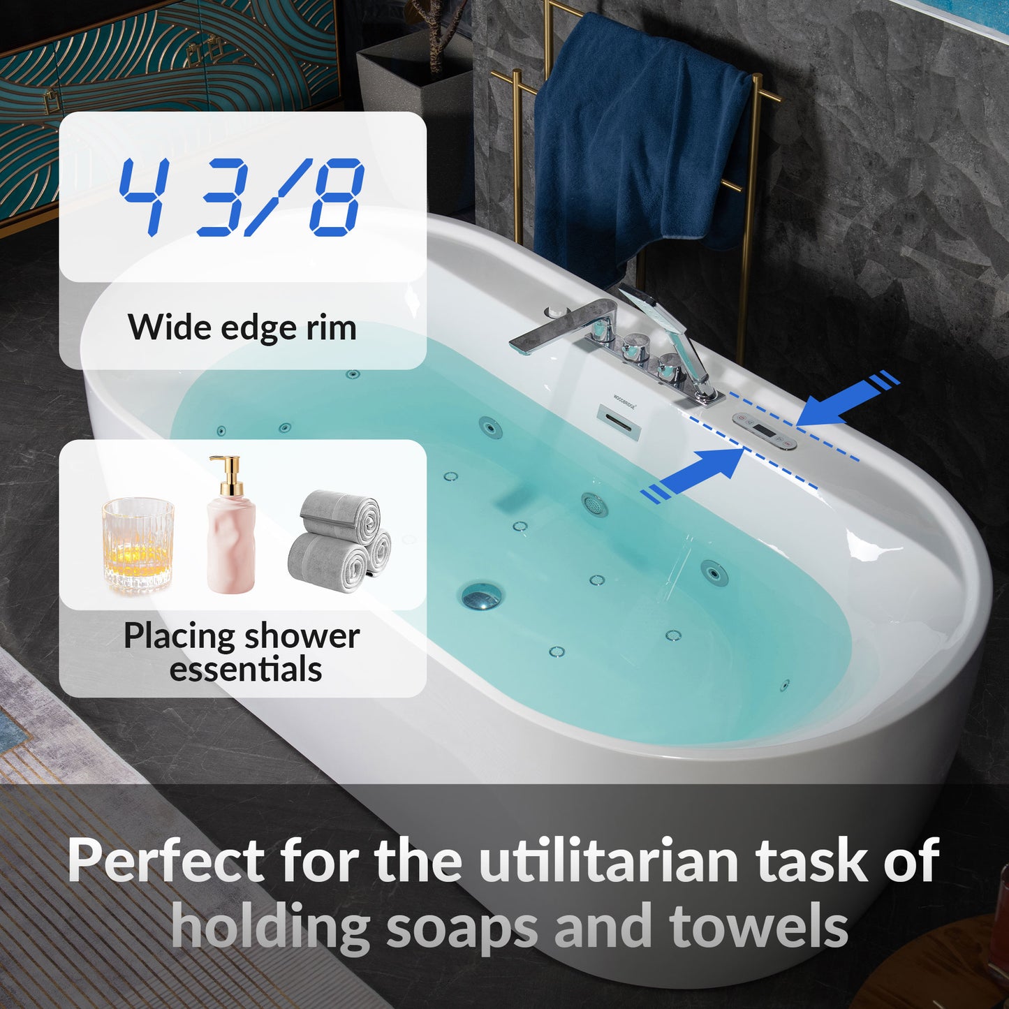 WOODBRIDGE BJ500+F0041CH 72" Whirlpool + Air Bubble Heated Soaking Tub with Adjustable Speed Air Blower & Pre-Installed Tub Filler and LED Control Panel