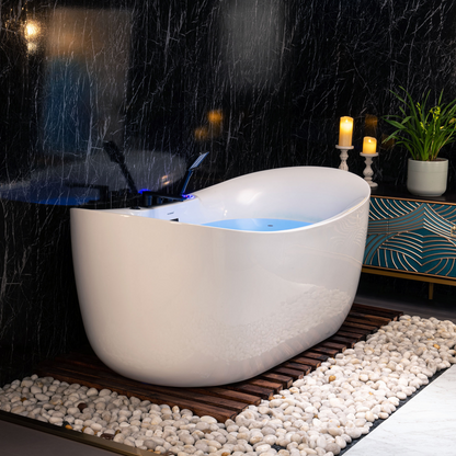 WOODBRIDGE BM400+F0051MB | 72" x 35-3/8" Whirlpool and Air Bath Heated Soaking Combination Tub with Adjustable Speed Air Blower, Tub Filler, and LED control panel, Matte Black Finish Trim and Drain Kit