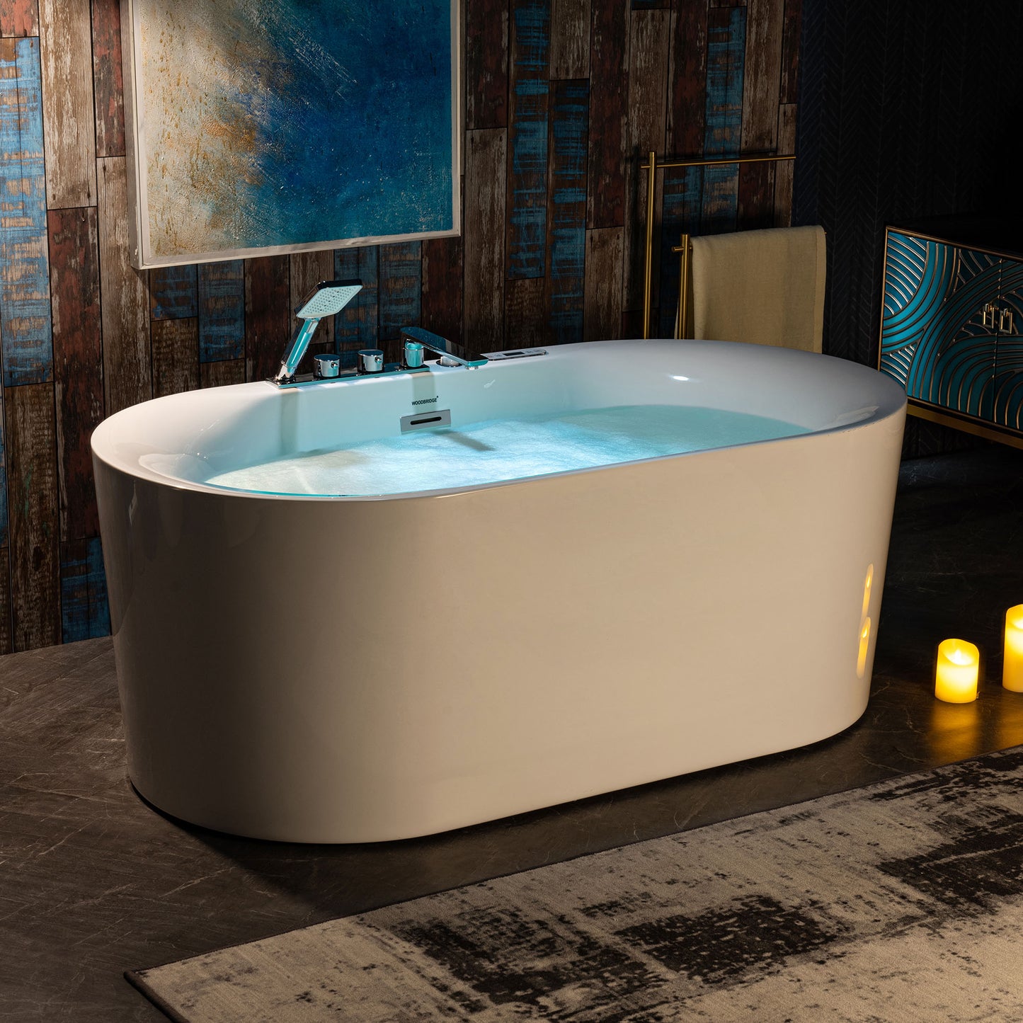 Woodbridge BJ100+F0041CH - 59" x 31-1/2" Whirlpool Combo Water Jetted and Air Bubble Freestanding Heated Bathtub LED Control Panel & Inline Heater