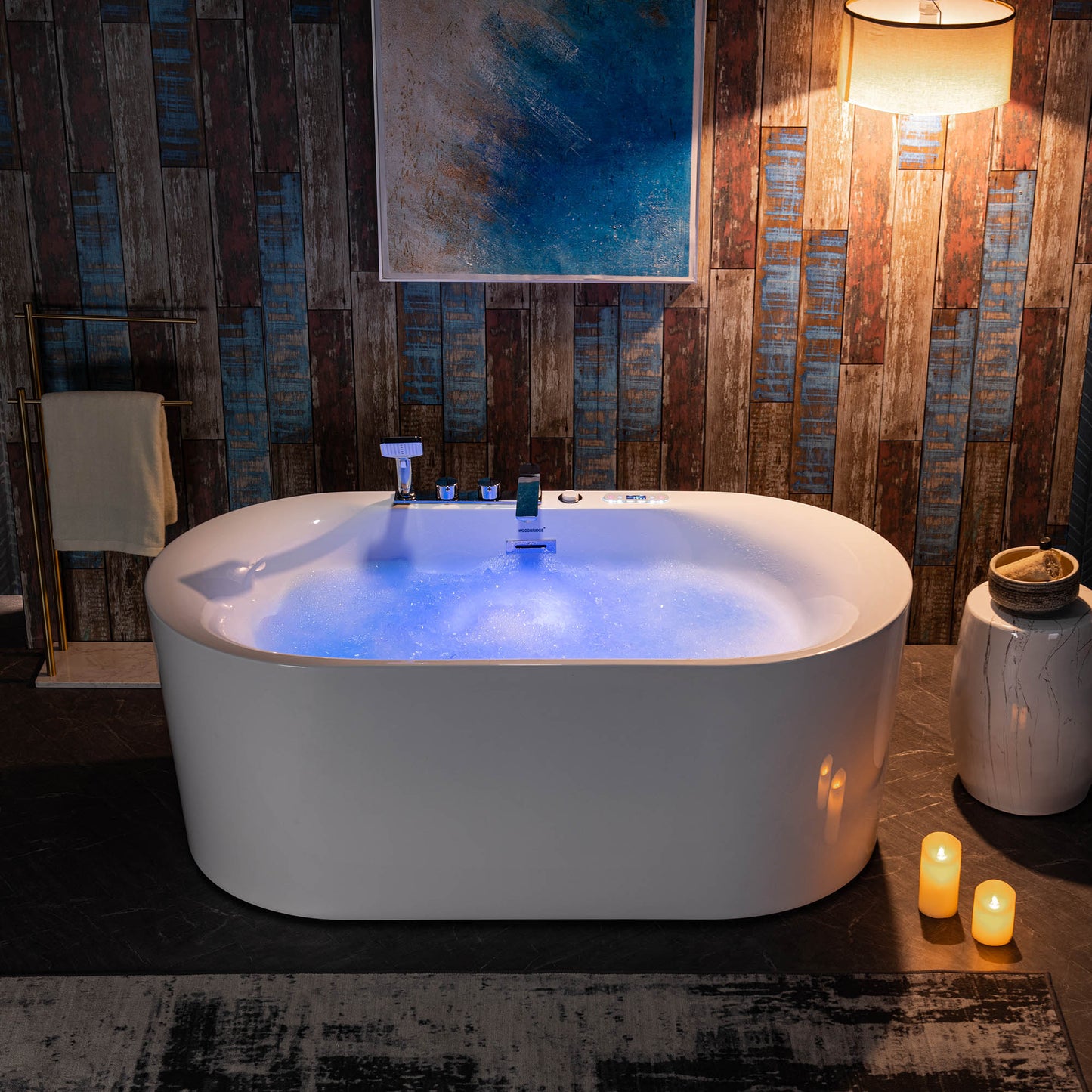 Woodbridge BJ100+F0041CH - 59" x 31-1/2" Whirlpool Combo Water Jetted and Air Bubble Freestanding Heated Bathtub LED Control Panel & Inline Heater