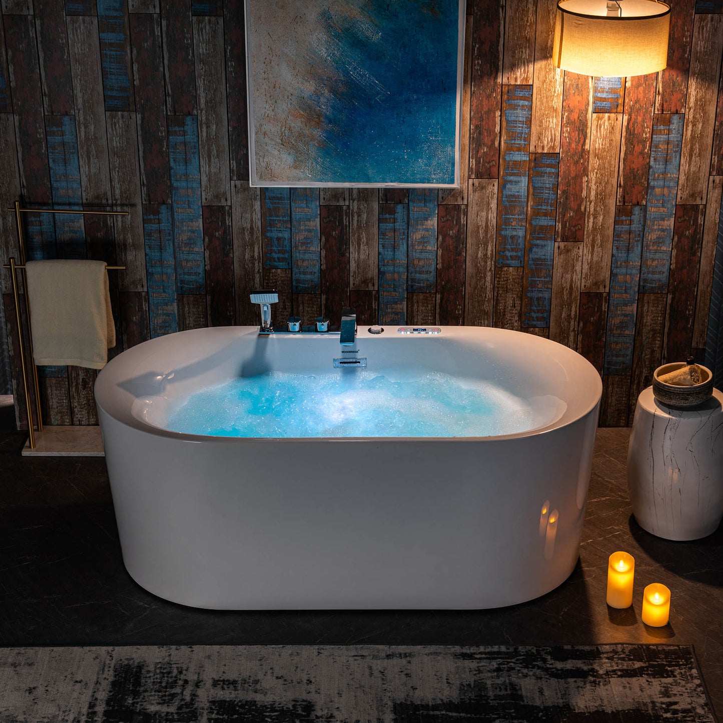 Woodbridge BJ100+F0041CH - 59" x 31-1/2" Whirlpool Combo Water Jetted and Air Bubble Freestanding Heated Bathtub LED Control Panel & Inline Heater