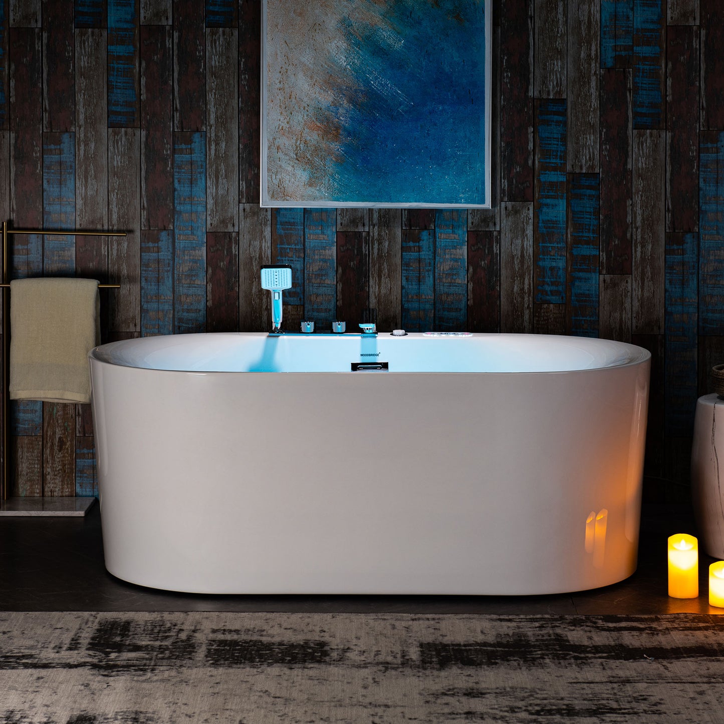 Woodbridge BJ100+F0041CH - 59" x 31-1/2" Whirlpool Combo Water Jetted and Air Bubble Freestanding Heated Bathtub LED Control Panel & Inline Heater