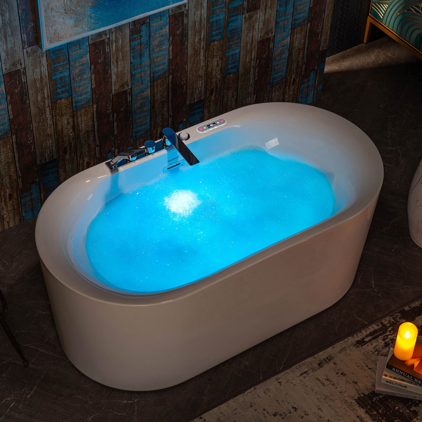 Woodbridge BJ100+F0041CH - 59" x 31-1/2" Whirlpool Combo Water Jetted and Air Bubble Freestanding Heated Bathtub LED Control Panel & Inline Heater