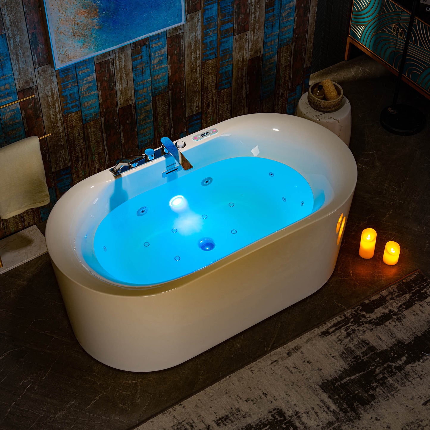 Woodbridge BJ100+F0041CH - 59" x 31-1/2" Whirlpool Combo Water Jetted and Air Bubble Freestanding Heated Bathtub LED Control Panel & Inline Heater