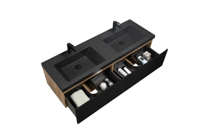 WOODBRIDGE | Wall-Mounted Floating Bathroom Vanity | Multi-Layer Engineered Wood | Black Sintered Stone Top