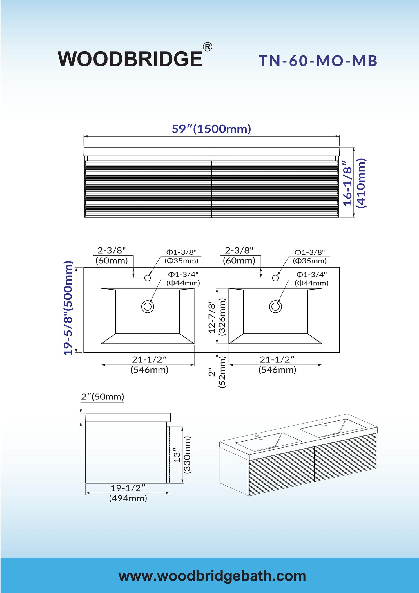 WOODBRIDGE | Wall-Mounted Floating Bathroom Vanity | Multi-Layer Engineered Wood | Black Sintered Stone Top