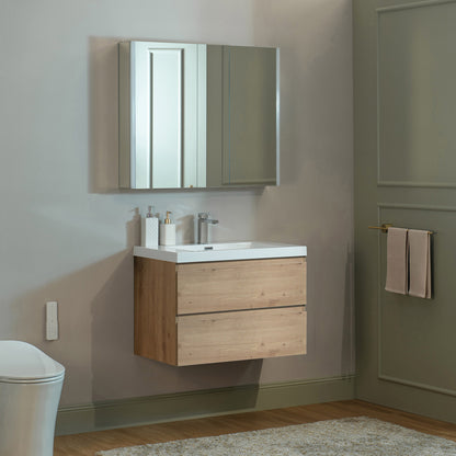 WOODBRIDGE | Wall-Mounted Floating Bathroom Vanity with | Glossy White Resin Top & Natural Oak Cabinet