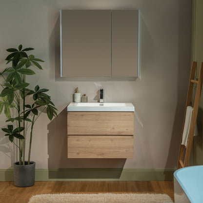 WOODBRIDGE | Wall-Mounted Floating Bathroom Vanity with | Glossy White Resin Top & Natural Oak Cabinet