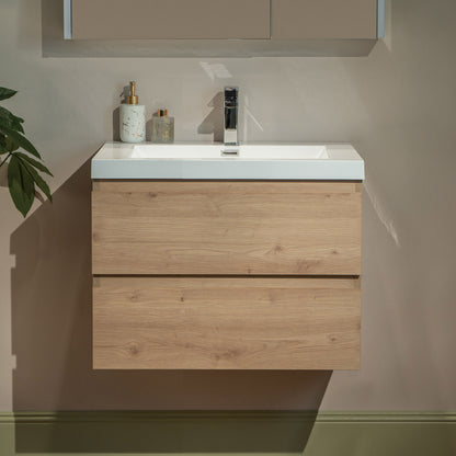 WOODBRIDGE | Wall-Mounted Floating Bathroom Vanity with | Glossy White Resin Top & Natural Oak Cabinet