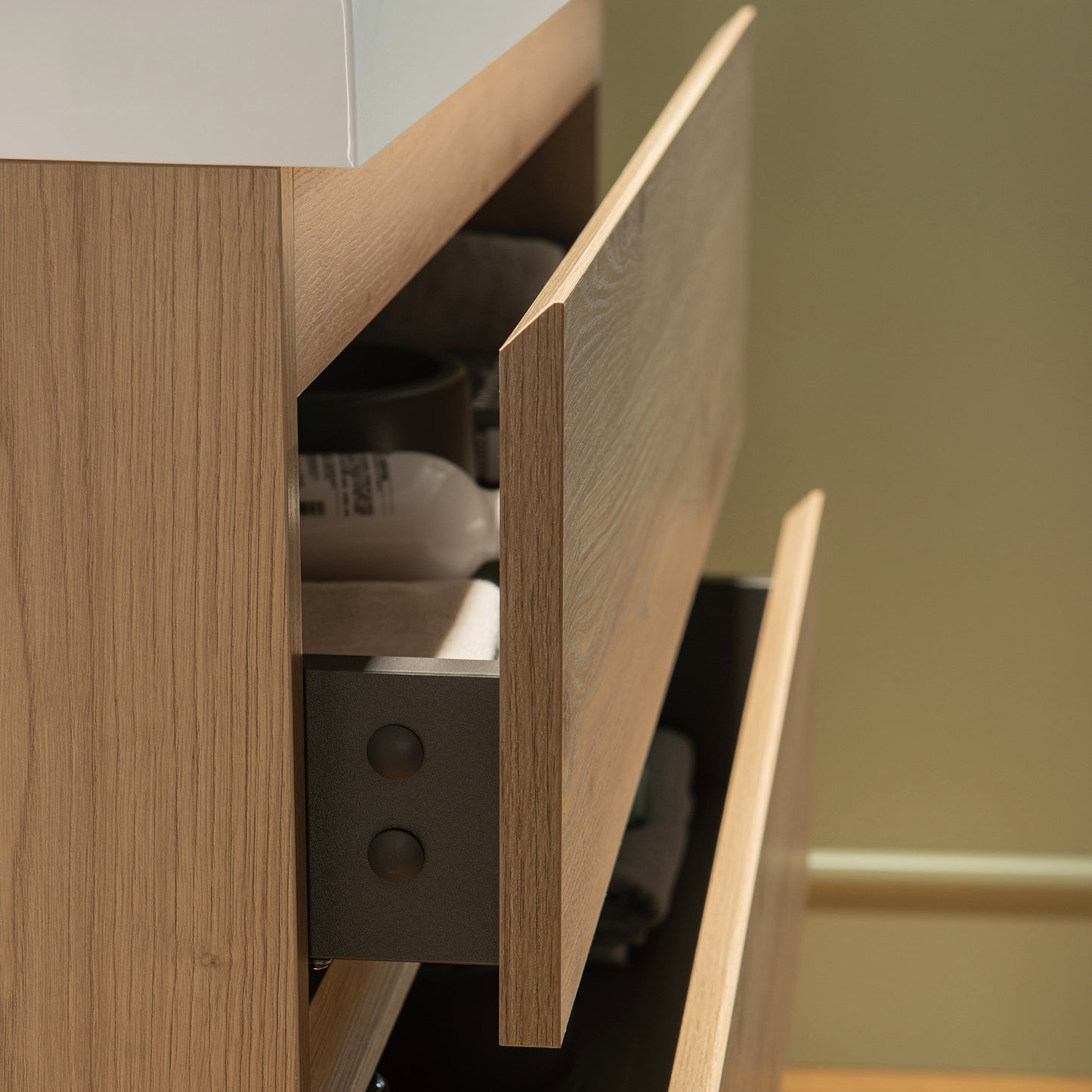 WOODBRIDGE | Wall-Mounted Floating Bathroom Vanity with | Glossy White Resin Top & Natural Oak Cabinet