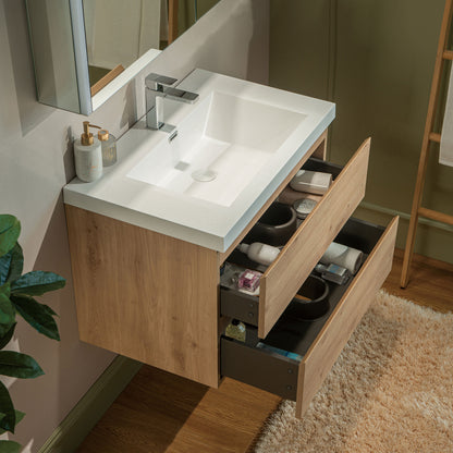 WOODBRIDGE | Wall-Mounted Floating Bathroom Vanity with | Glossy White Resin Top & Natural Oak Cabinet