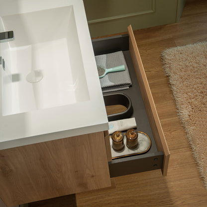WOODBRIDGE | Wall-Mounted Floating Bathroom Vanity with | Glossy White Resin Top & Natural Oak Cabinet