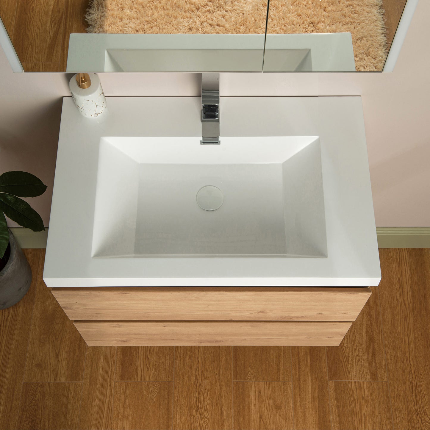 WOODBRIDGE | Wall-Mounted Floating Bathroom Vanity with | Glossy White Resin Top & Natural Oak Cabinet