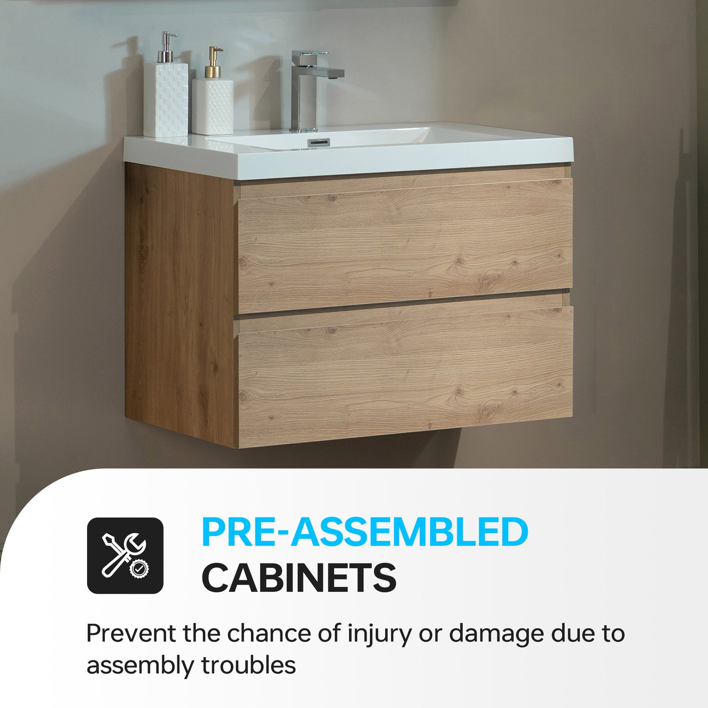 WOODBRIDGE | Wall-Mounted Floating Bathroom Vanity with | Glossy White Resin Top & Natural Oak Cabinet