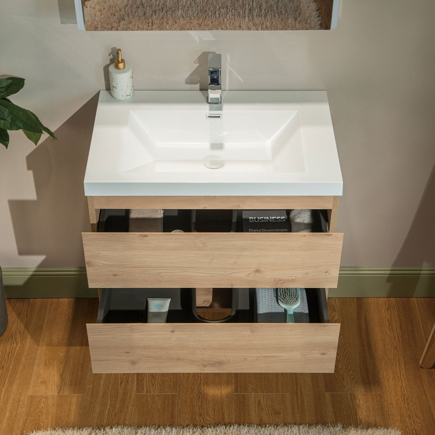 WOODBRIDGE | Wall-Mounted Floating Bathroom Vanity with | Glossy White Resin Top & Natural Oak Cabinet