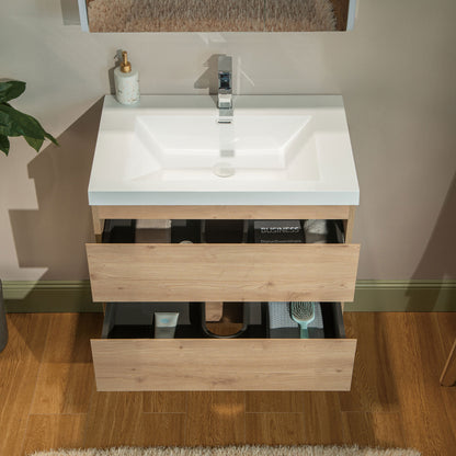 WOODBRIDGE | Wall-Mounted Floating Bathroom Vanity with | Glossy White Resin Top & Natural Oak Cabinet