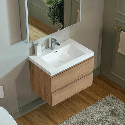 WOODBRIDGE | Wall-Mounted Floating Bathroom Vanity with | Glossy White Resin Top & Natural Oak Cabinet