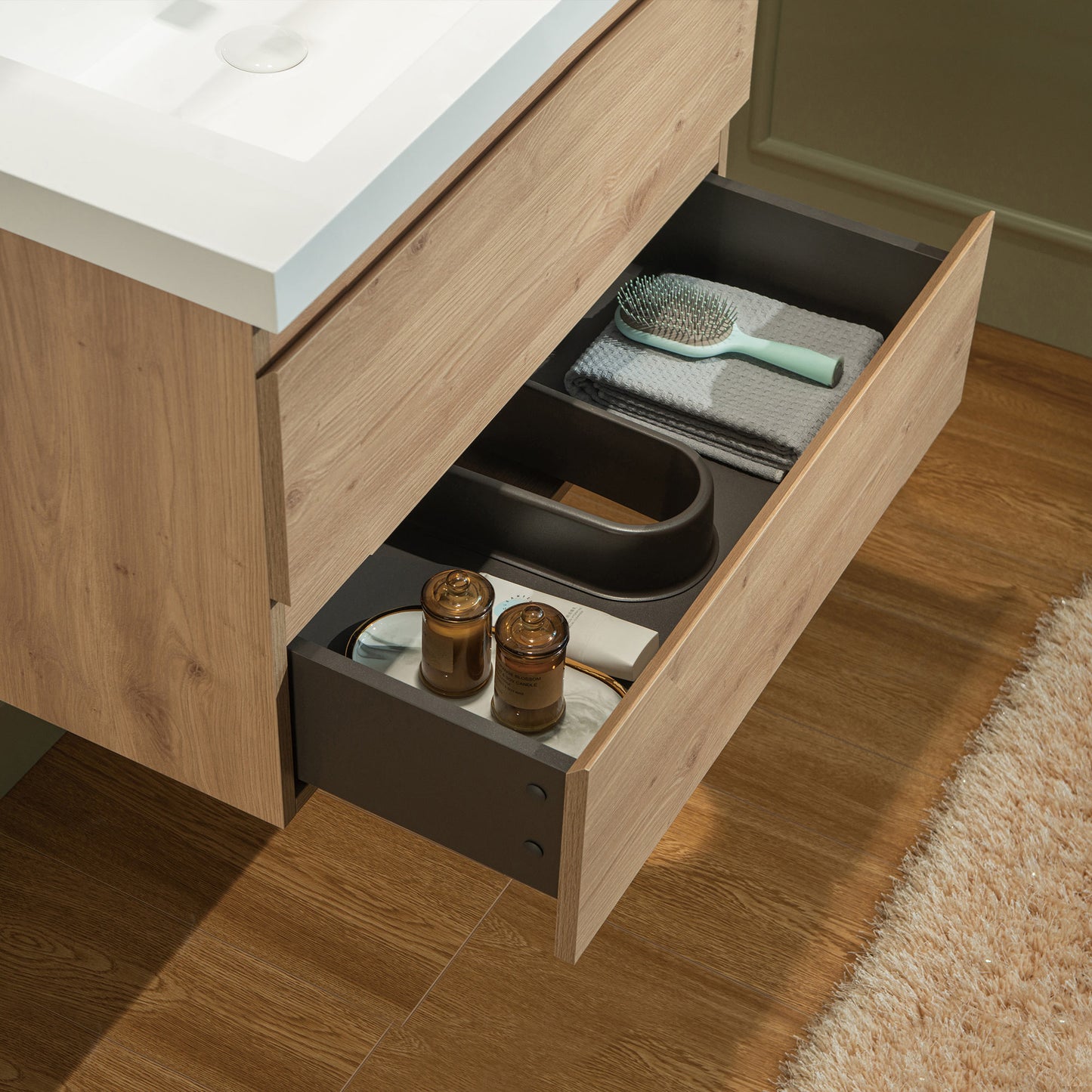 WOODBRIDGE | Wall-Mounted Floating Bathroom Vanity with | Glossy White Resin Top & Natural Oak Cabinet